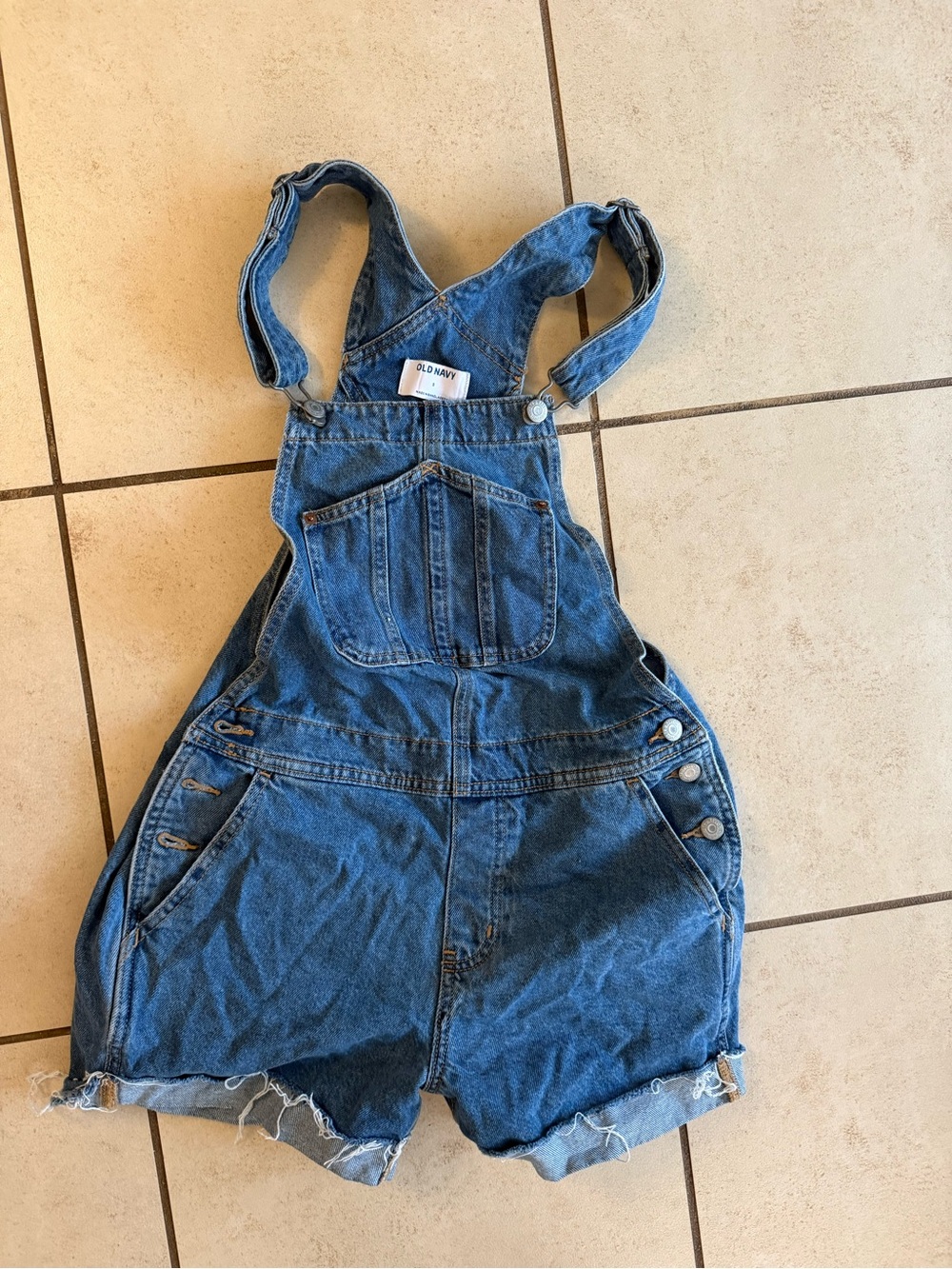Old Navy Blue Denim Short Overalls with Frayed Hem